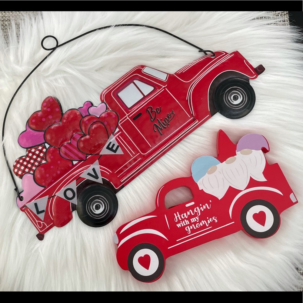 NEW! Valentine Farmhouse Truck Metal & Wooden 2-Piece Sign Lot New Love Gnomes